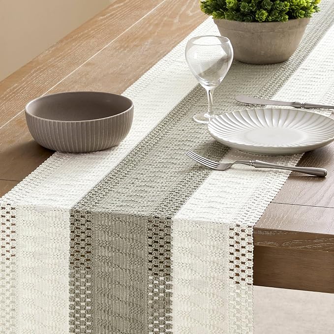 Macrame Style Bicolor Stitching Table Runner 14x72in Dark Sage | Woven Boho - Image 4