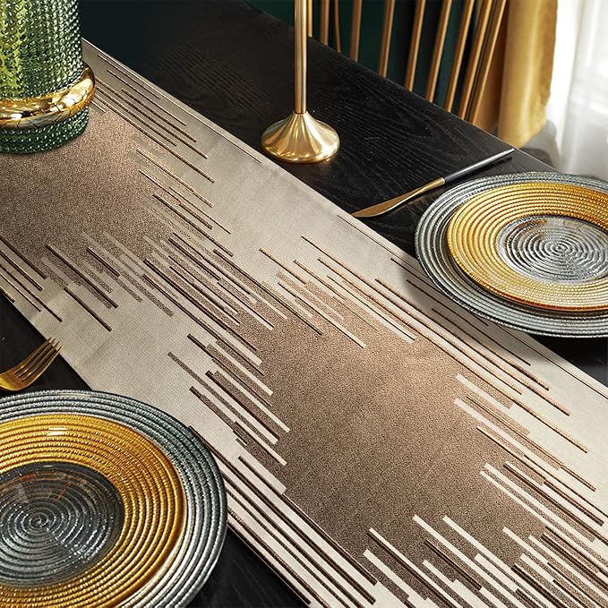 Luxury Champagne Table Runner 72 Inches Long, Modern Abstract Striped | Faux - Image 5