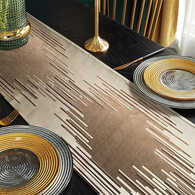 Luxury Champagne Table Runner 120 Inches Long, Modern Abstract Striped | Thick - Image 5