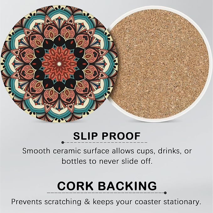 Drink Coasters for Drinks Set of 6, Mandala Absorbent Round Ceramic Stone Mat - Image 5