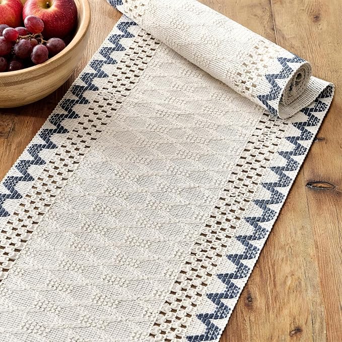 Macrame Side Trim Boho Woven Table Runner, Dusty Blue 12x60 Inch | Crochet - Image 4