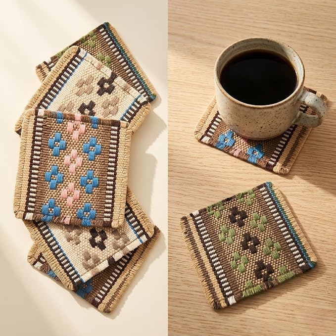 Boho Woven Coasters Set of 6, Absorbent Drink Coasters by Daisy+%26+Dino