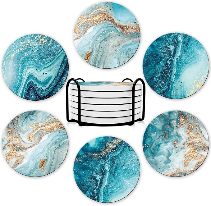 Dooke Coasters for Drinks, Round Absorbent Ceramic Stone Coasters Set of 6 by Dooke