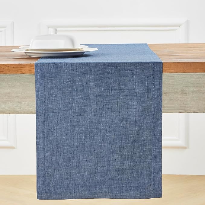 Solino Home 100% Pure Linen Table Runner Blue Denim, Athena 14 x 156 in | Table - Image 2