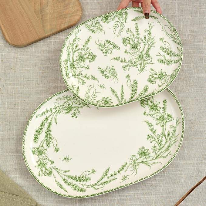 Bico Green Garden Toile De Jouy 16 plus 12 inch Oval Platters Set, Microwave - Image 4