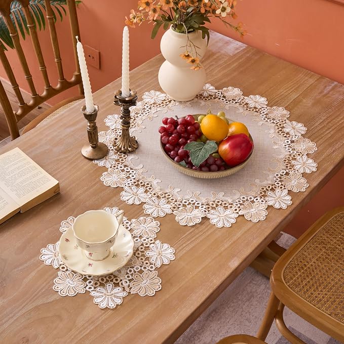 European Antique Jacquard Lace Table Doilies, Small Farmhouse Linen Embroidered - Image 7