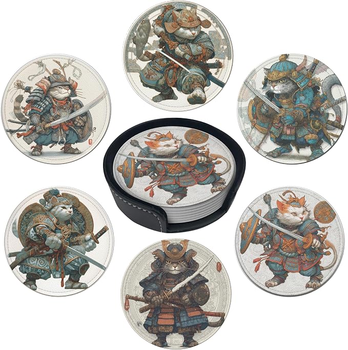 Japanese Cat Coasters Leather Round Drink Coasters 6 Pcs Set by Yopiiefa