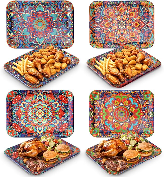 Vesici 4 Pack Mandala Melamine Serving Trays, 13 x 10 Inch Rectangular by Vesici