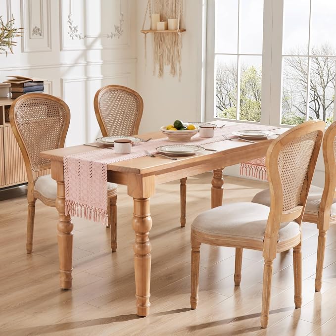 Macrame Style Boho Table Runner, 12x90 Inch Light Pink | Woven Boho Table Runner - Image 3
