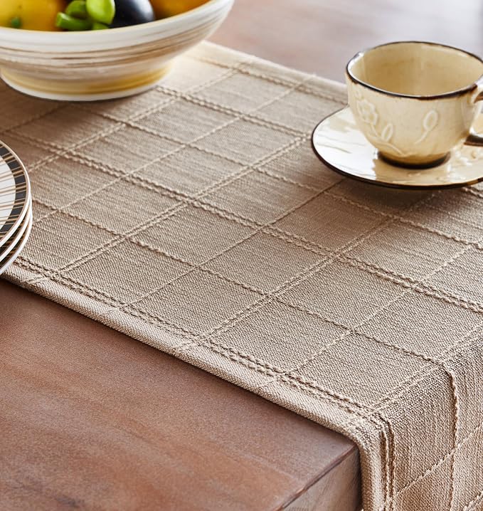 Linen Checked Farmhouse Table Runner, 13x72 Inches Taupe | Raised Grid Design - Image 5