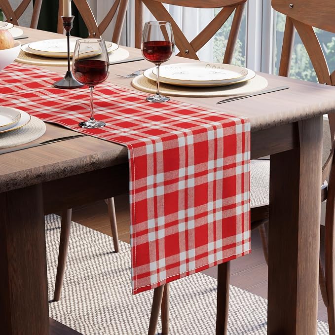 Encasa XO Table Runner, Woven Cotton Dining Runner 13"x120" | Franca Red Checks by EncasaXO