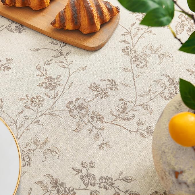 jinchan Taupe Farmhouse Floral Linen Rectangle Table Cloth 52 x 70 Inch | - Image 7