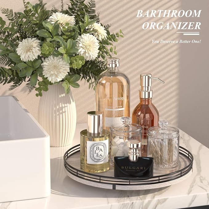 AMH 13-Inch Rustic Whitewashed Oak Lazy Susan Vanity Tray | Smooth rotating oak - Image 3