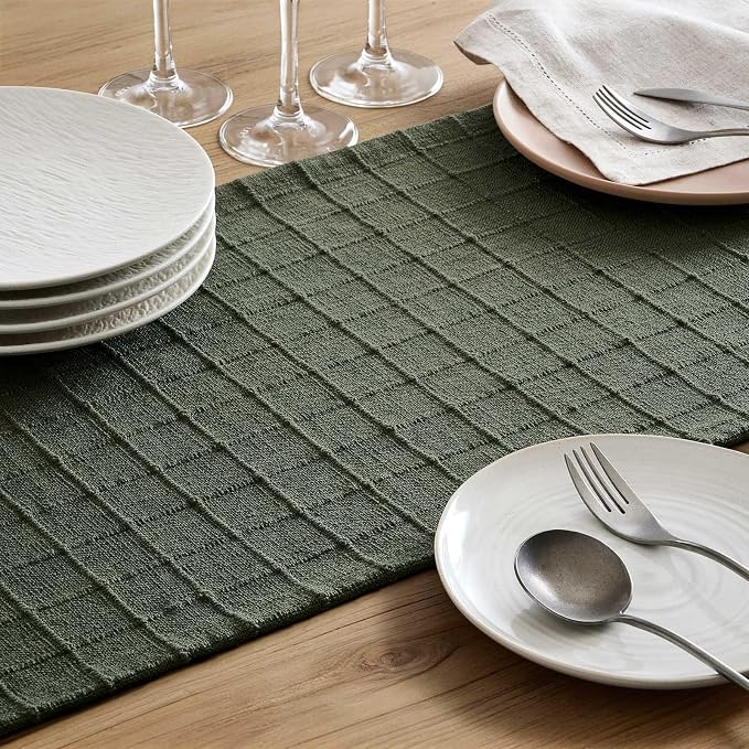 Artisanal Grid Linen Table Runner, 13x108 Inches Army Green | Heavy Textured - Image 6