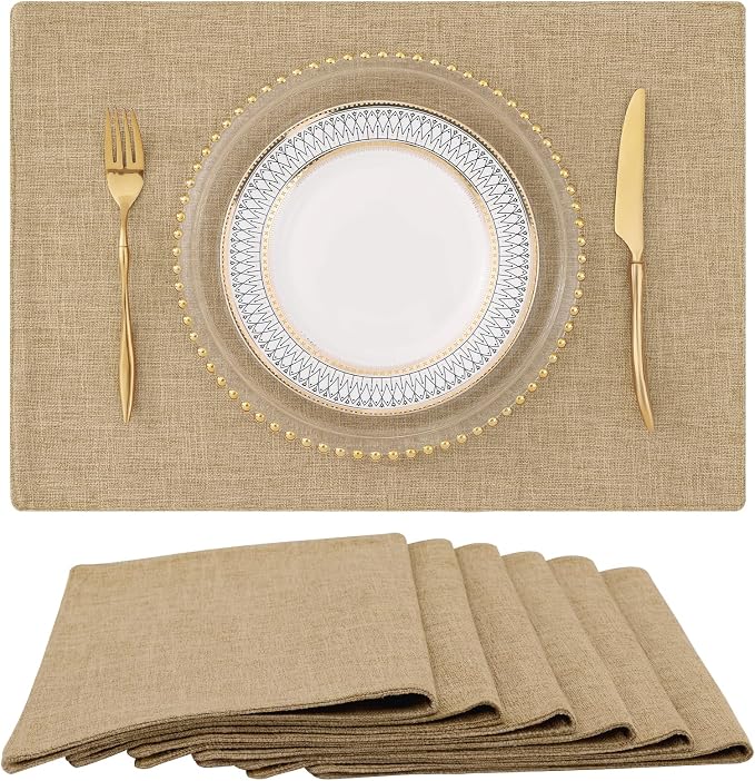 Faux Cotton Linen Placemats Set of 6, Cloth Washable Farmhouse Dining Table Mats by homing