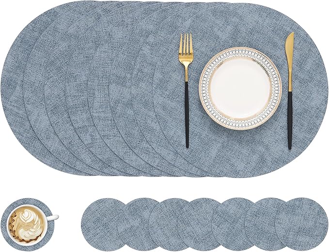 Round Faux Leather Placemat and Coaster 8 Packs, Washable Heat Resistant Dining by homing