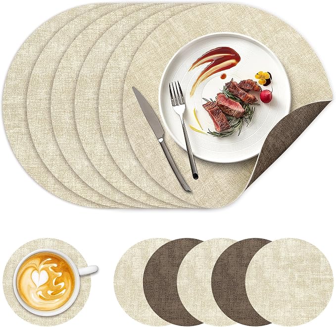 NCUE 13" Faux Leather Round Placemats Set of 6, Reversible Dual-Color | by NCUE