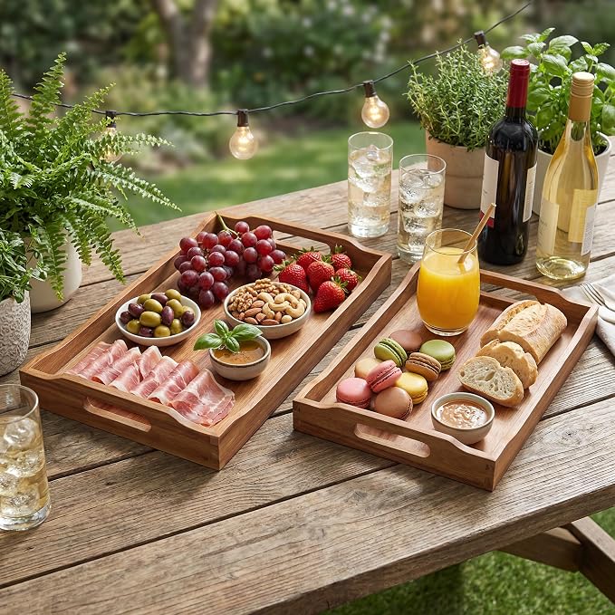 Acacia Wood Serving Trays with Handles, Rectangular Wooden Tray Set of 2 - Image 8