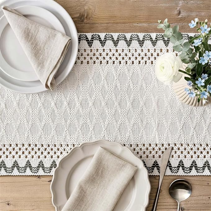 Macrame Side Trim Boho Woven Table Runner, Moss 12x72 Inch | Crochet Hollow - Image 3