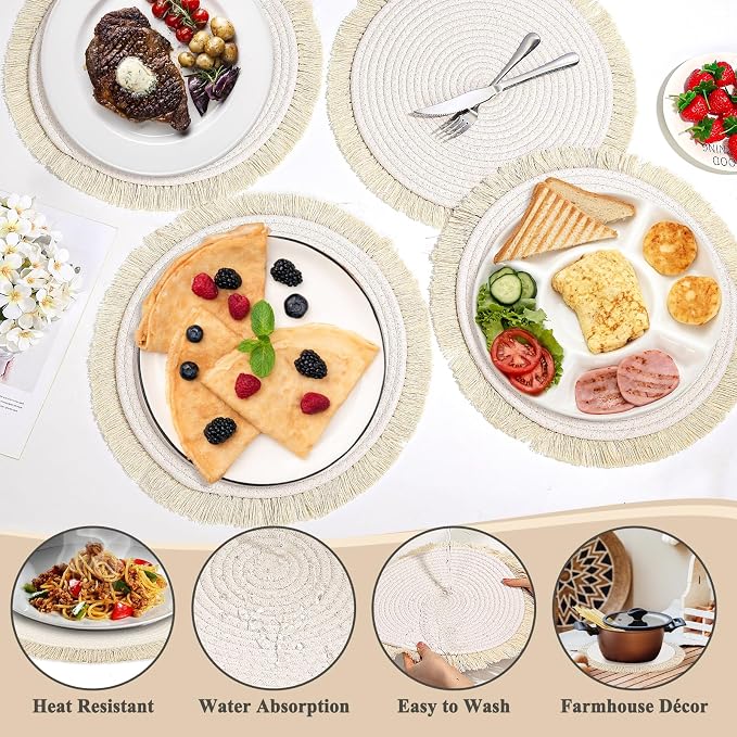 Round Placemats Set of 4 Table Mats 13Inch Washable Cotton Heat Resistant - Image 3