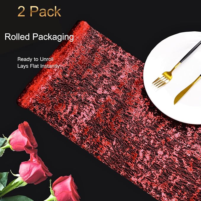 Snowkingdom 2Pcs Red Table Runner Roll Sequin Glitter Metallic Foil Sparkly - Image 3