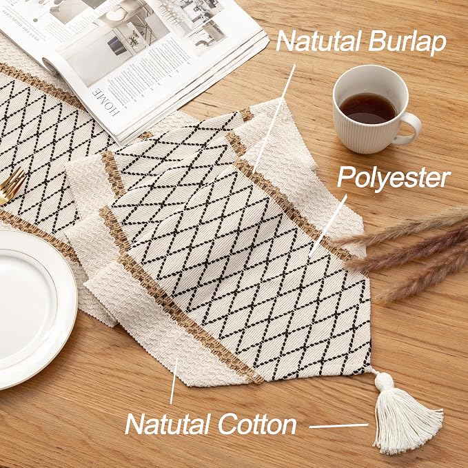 Table Runner, Boho Style with Tassels, Cotton & Linen, Farmhouse Home Decor - Image 2
