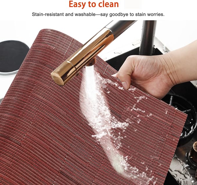 Placemats Set of 8, Vinyl Woven Red Non Slip Table Mats | Heat Resistant - Image 4