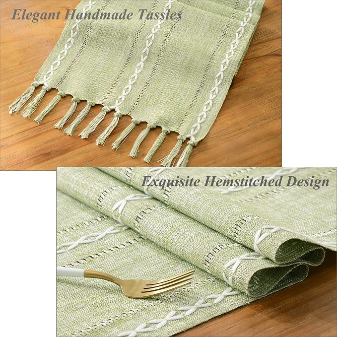 Wracra Rustic Linen Table Runner, Sage Green Table Runners 36 inches Long | - Image 2