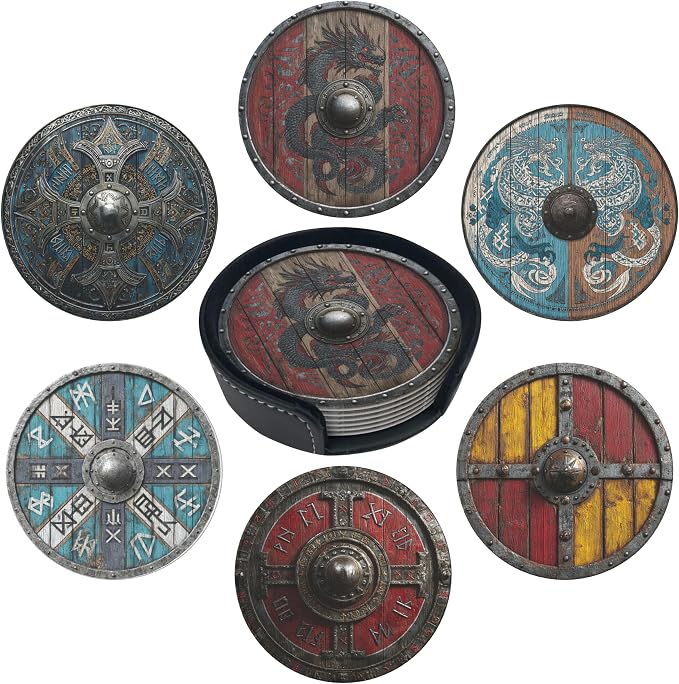 Viking Shield Coasters Leather Round Drink Coasters 6 Pcs Set by Yopiiefa