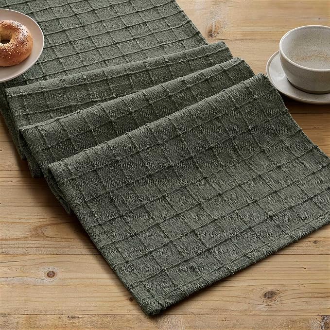 Artisanal Grid Linen Table Runner, 13x108 Inches Army Green | Heavy Textured - Image 2