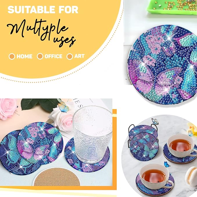 8 pcs Diamond Painting Coasters | Diamond Art Coasters | Blue Butterfly Diamond - Image 3