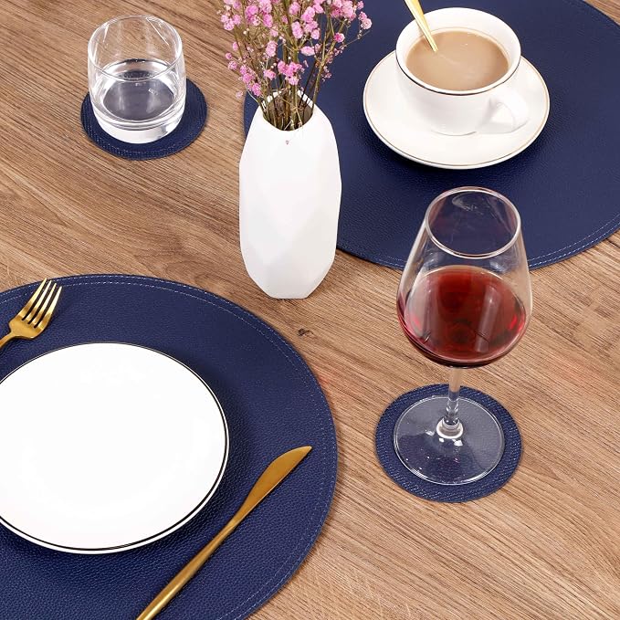 Jovono Navy Faux Leather Round Placemats and Coasters, Coffee Mats Kitchen - Image 3