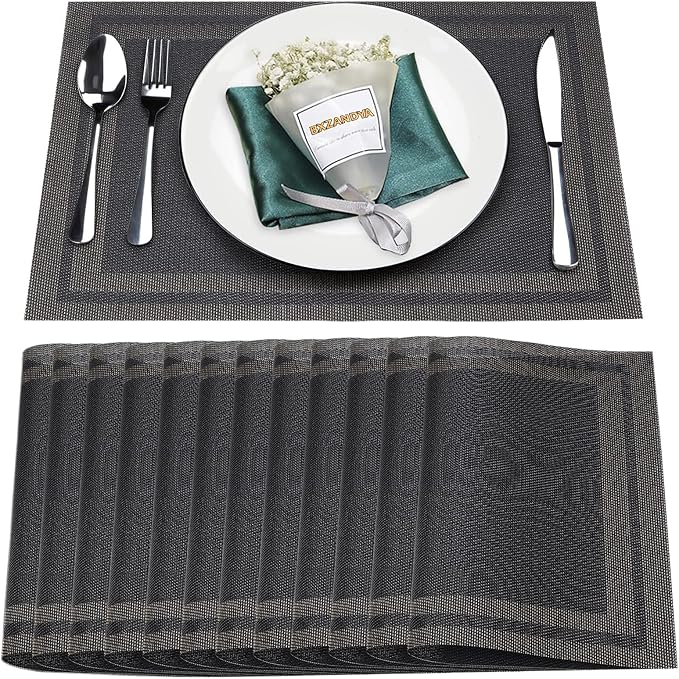 Placemats Set of 12, Vinyl Woven Black Non Slip Table Mats | Heat Resistant by BxzanDya-LifeSmartMaker