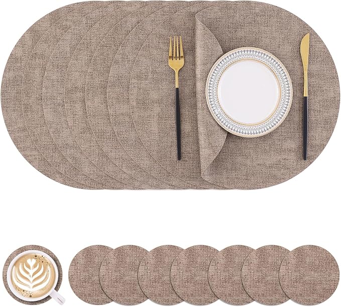 Homaxy Round Faux Leather Placemats and Coasters, Light Brown | Washable by Homaxy