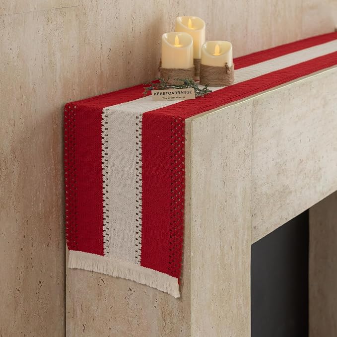 Keketoarrange Christmas Red Boho Table Runner 12x48 Inch | Woven Burlap - Image 7