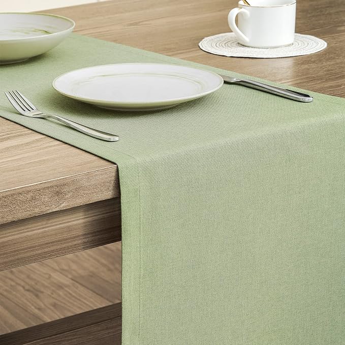 Basic Linen Style Table Runner, 14x108 Inch Sage Green | Mitered Corner Design - Image 4