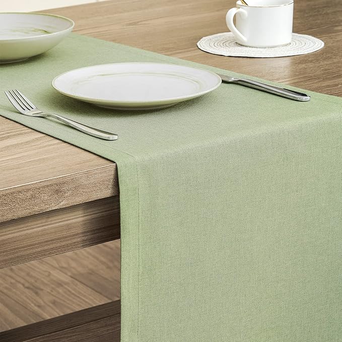 Basic Linen Style Table Runner, 14x48 Inch Sage Green | Mitered Corner Design - Image 4