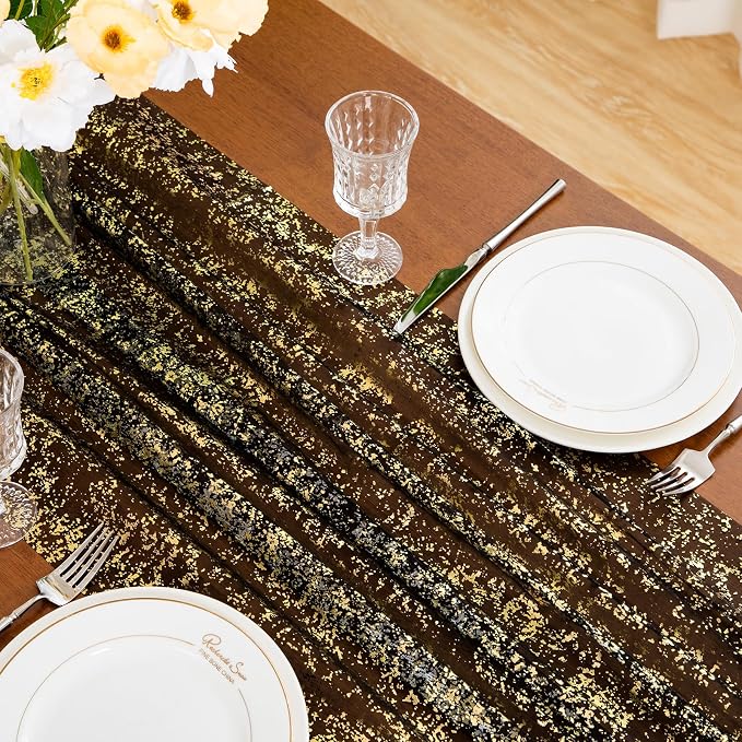 SiinvdaBZX 4 Pcs Black Gold Sheer Tulle Table Runner 120 Inch/10 Ft Long | - Image 6
