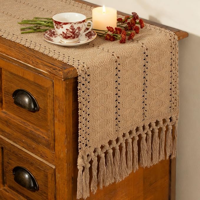 Boho Table Runner Fall Burlap Brown Coffee Table Decor 12x72 Inch | 72 Inches by FEXIA