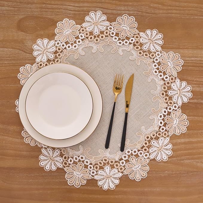 European Antique Jacquard Lace Table Doilies, Small Farmhouse Linen Embroidered - Image 4