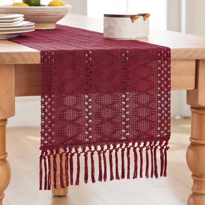 Macrame Style Boho Table Runner, 12x72 Inch Burgundy | Woven Boho Table Runner - Image 7