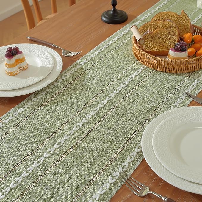 Sage Green Boho Cotton Linen Table Runner, Farmhouse Woven Table Runners Spring - Image 4