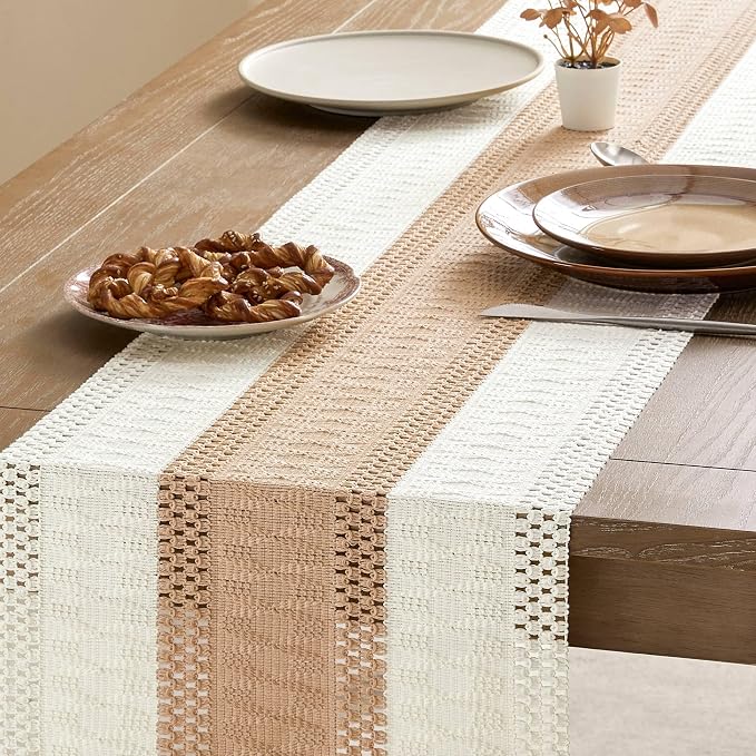 Macrame Style Bicolor Stitching Table Runner 14x48in Beige | Woven Boho Table - Image 4