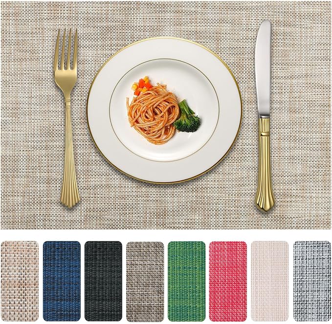 Vinyl Placemats Set of 8, PVC Woven Washable Non-Slip Table Mats, Heat by LANDVIEW