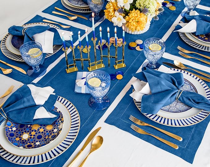 Solino Home 100% Pure Linen Table Runner Indigo Blue Hemstitch, 14 x 120 in | - Image 3