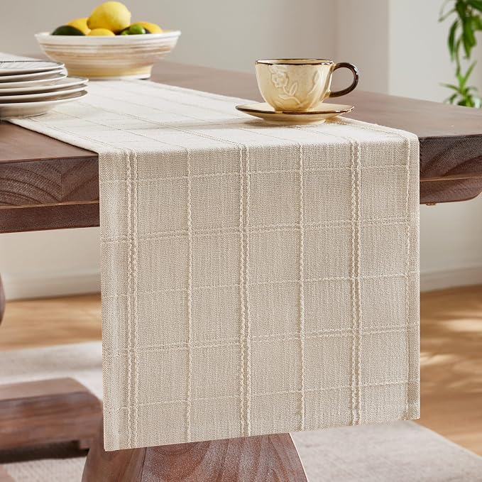 Linen Checked Farmhouse Table Runner, 13x108 Inches Neutral Beige | Raised Grid - Image 4