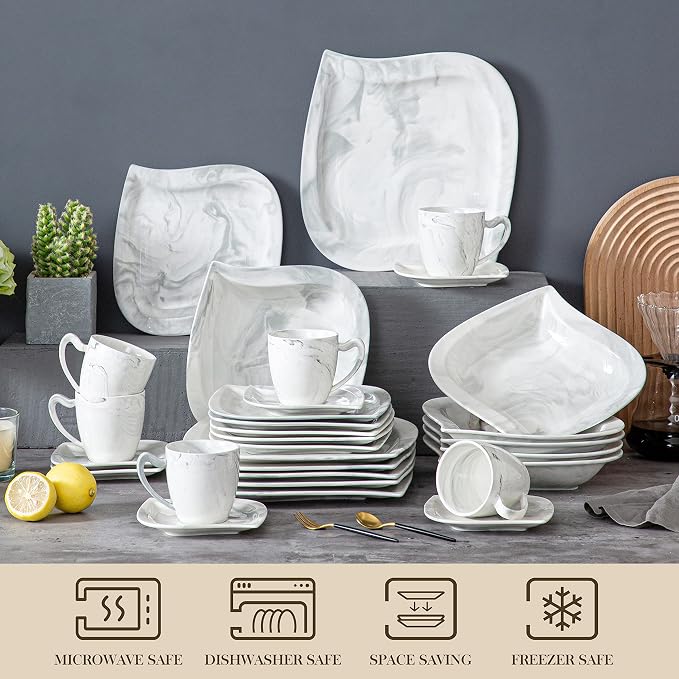 MALACASA 30 Piece Porcelain Dinnerware Set, Marble Grey - Image 4