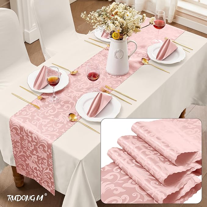 RUDONG M 12 Pack Rose Gold Satin Table Runners 12 x 108 Inch | Long Silky Damask - Image 2