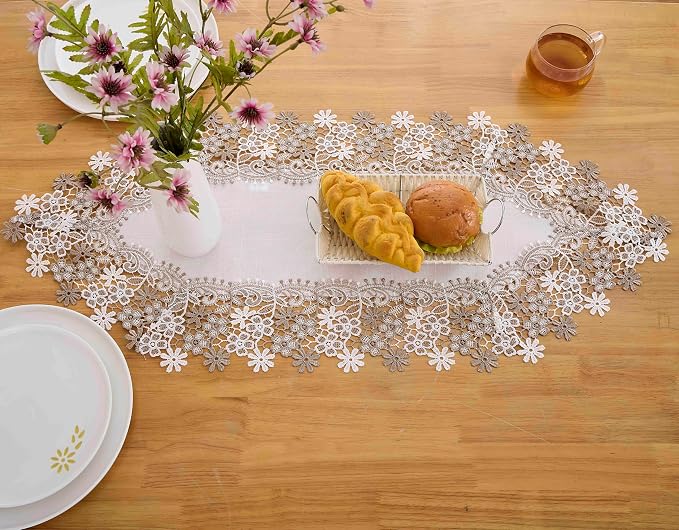 White Beige Floral Lace Table Runner Dresser Scarf | Floral Lace Border - Image 5