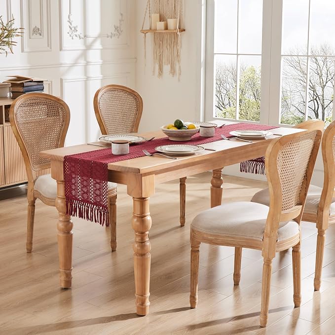 Macrame Style Boho Table Runner, 12x60 Inch Burgundy | Woven Boho Table Runner - Image 3